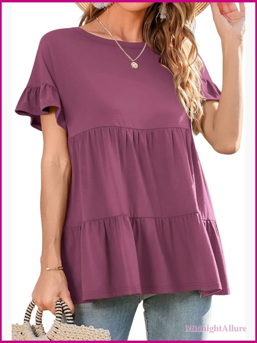 Casual Ruffle Short Sleeve Crewneck Loose Tunic Blouse Top